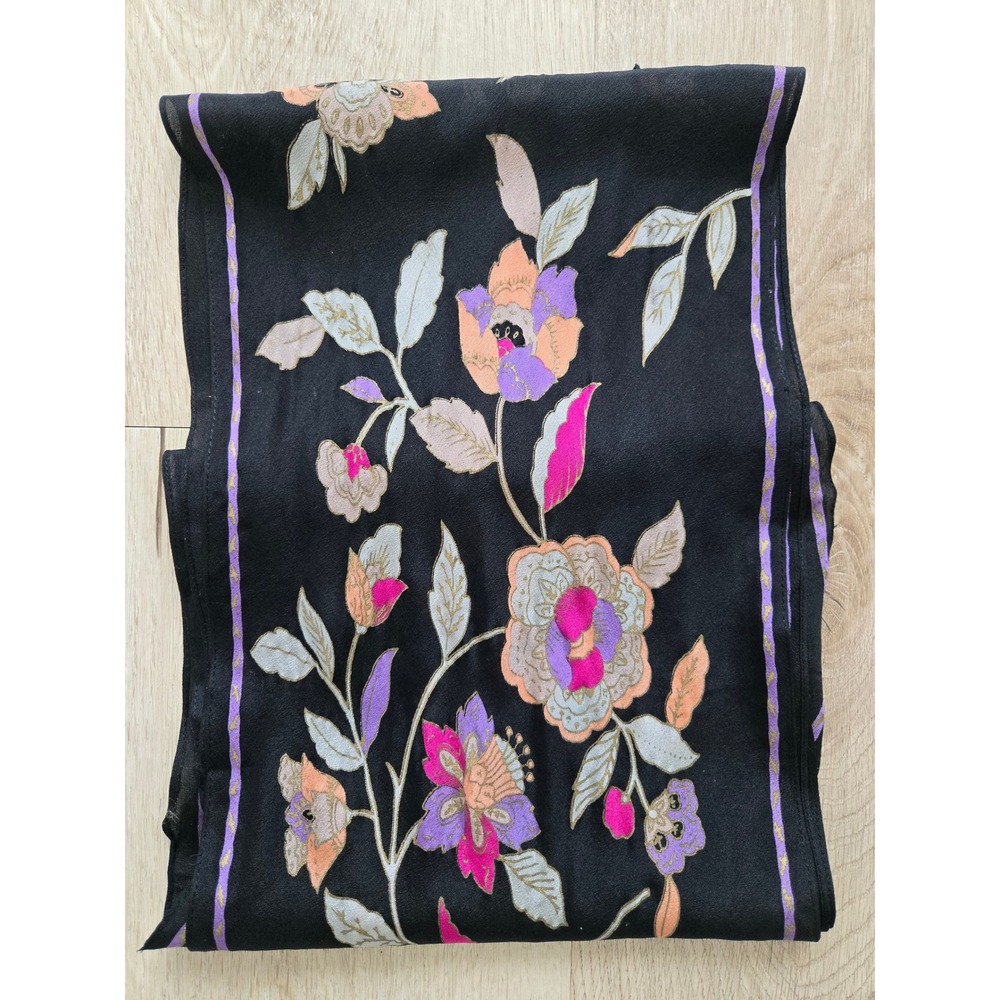Sacha Vintage Sheer Black Floral Scarf Long Oblong Purple Pink Gold Metallic
